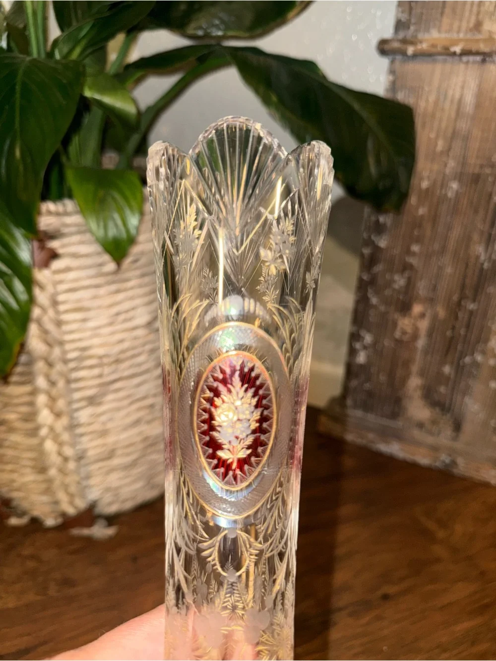Vintage Bohemian Czech Crystal Vase Ruby Flash Gold Gilt Floral 10” Vase (Rare)